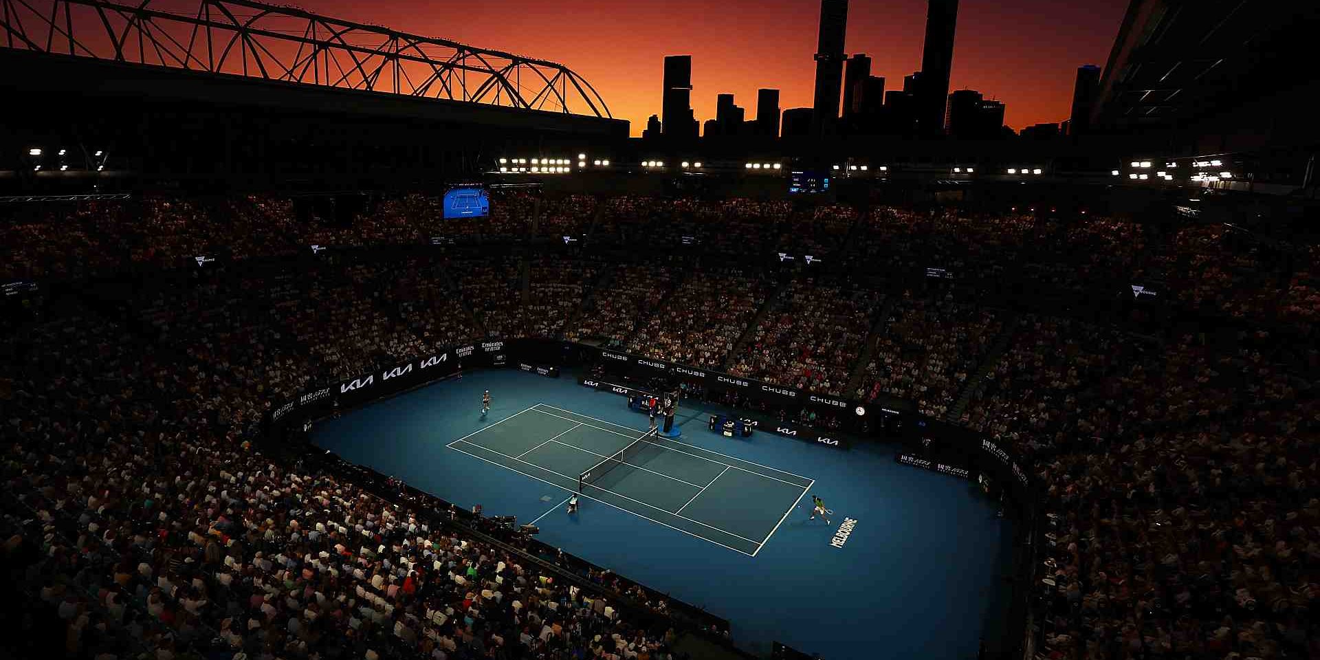 MELBOURNE, AUSTRALIA - JANUARY 28: A general view at sunset as Jannik Sinner of Italy plays during their Men's Singles Final match by Daniil Medvedev during the 2024 Australian Open at Melbourne Park on January 28, 2024 in Melbourne, Australia. (Photo by Julian Finney/Getty Images)